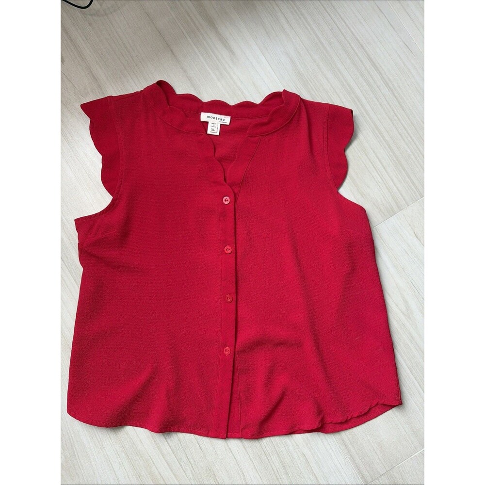 Monteau Womens Red Cap Ruffle Sleeveless Top Blouse Button Up Size XL
